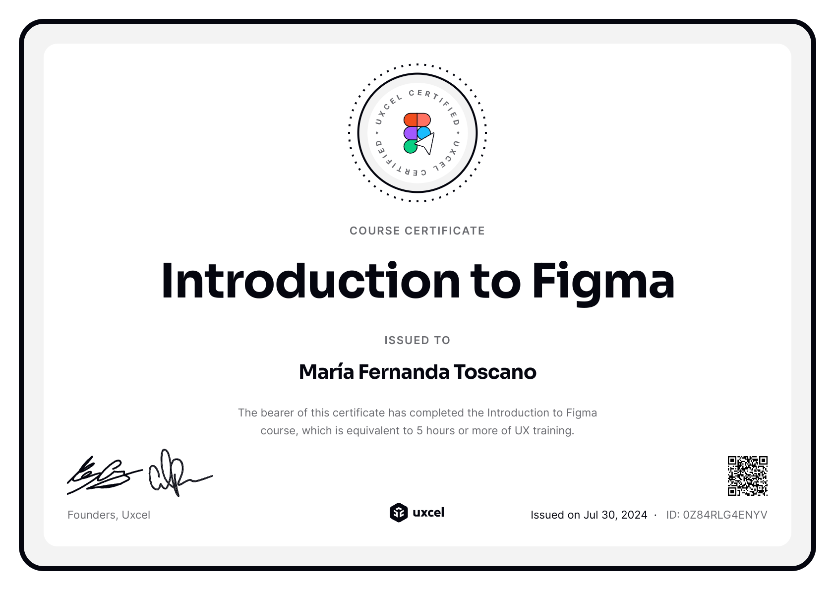 María Fernanda Toscano's certificate